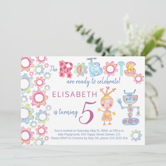 ロボットをテーマにした誕生日の子供パーティーかわいい招待 招待状 (スタンド正面)