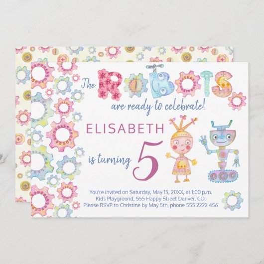 ロボットをテーマにした誕生日の子供パーティーかわいい招待 招待状 (正面/裏面)