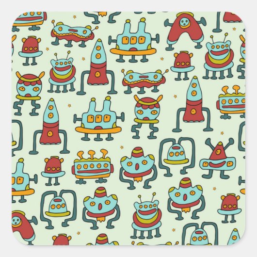 ロボットエイリアンヴィンテージパターンイラストレーション スクエアシール (正面)