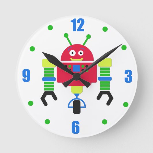 ロボットカラフルキッズパーソナライズされた ラウンド壁時計 (正面)