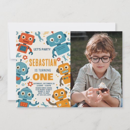 ロボットカラフル誕生日招待状子供へ 招待状 (正面)