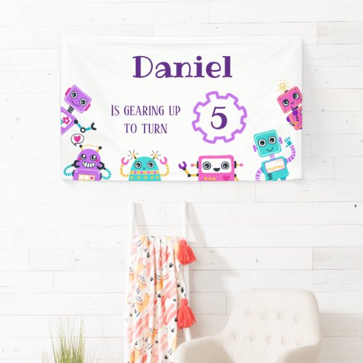 ロボットテーマの誕生日パーティの背景 横断幕 (インサイチュ)