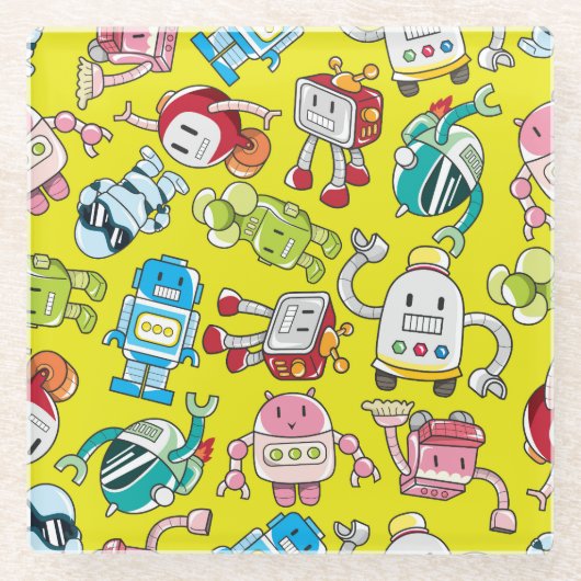 ロボットテーマカラフル：シームレスパターン。 ガラスコースター (正面)