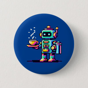 ロボットバリスタ – ピクセルアートコーヒーオーバーデザイン 缶バッジ