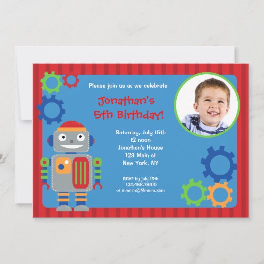 ロボット写真のバースデーパーティ招待状 招待状 (正面)