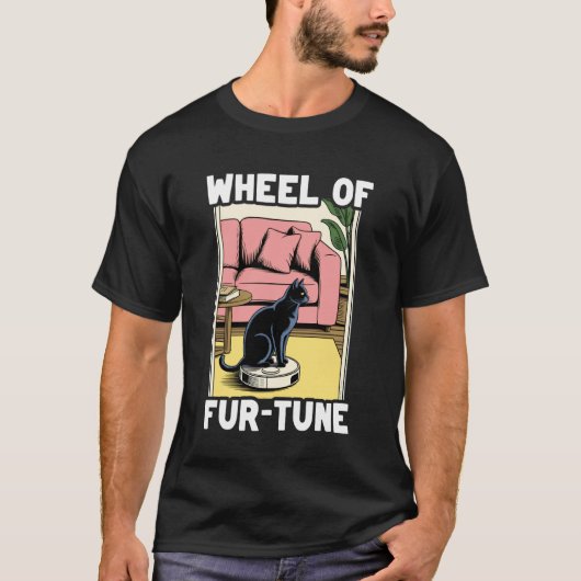 ロボット掃除機に乗った毛玉運勢の猫 Tシャツ (正面)
