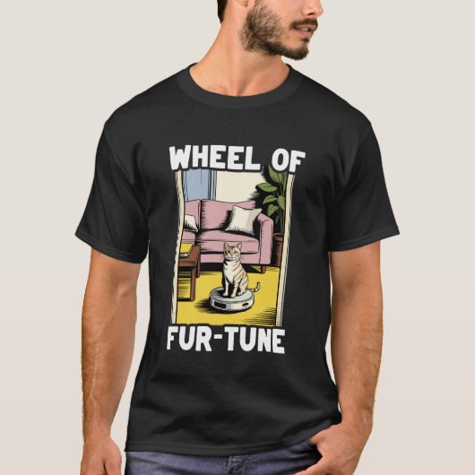 ロボット掃除機に乗った毛玉運勢の猫 Tシャツ (正面)