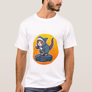 ロボット掃除機に乗った面白いサメ猫のレトロ・ミーム・アート Tシャツ
