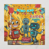 ロボット楽しい誕生日パーティー 招待状 (正面/裏面)