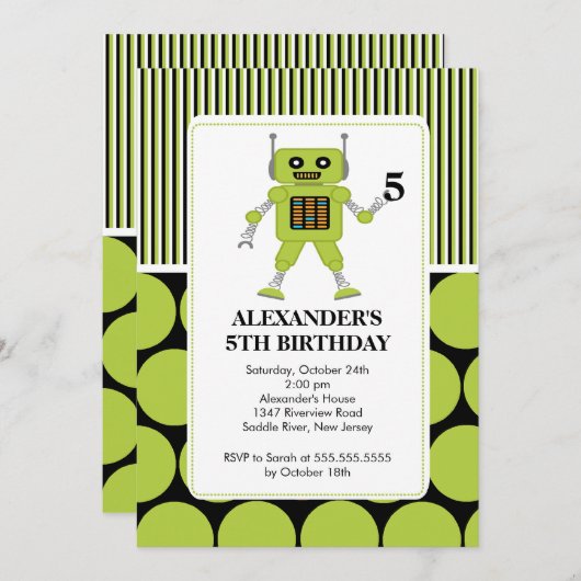 ロボット誕生日パーティーの招待ライム/黒人 招待状 (正面/裏面)