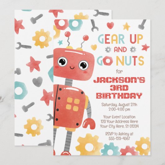 ロボット誕生日招待状, 男の子用ロボット 招待状 (正面/裏面)