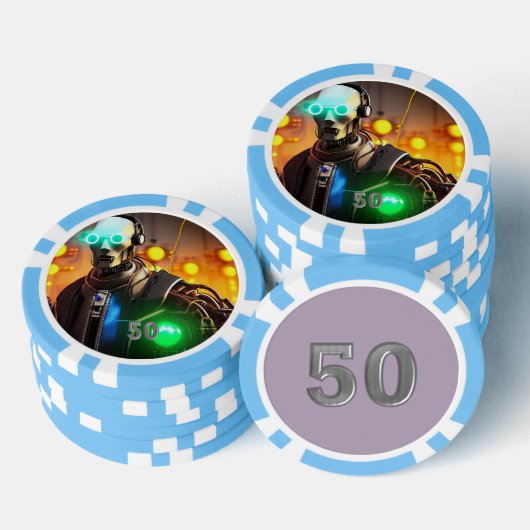 ロボット2ライトブルー50ストライプのトランプのポーカーチップ ポーカーチップ (積み重ね)