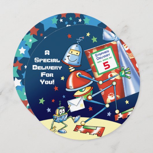 ロボット、特別配達少年の5歳の誕生日パーティー 招待状 (正面/裏面)