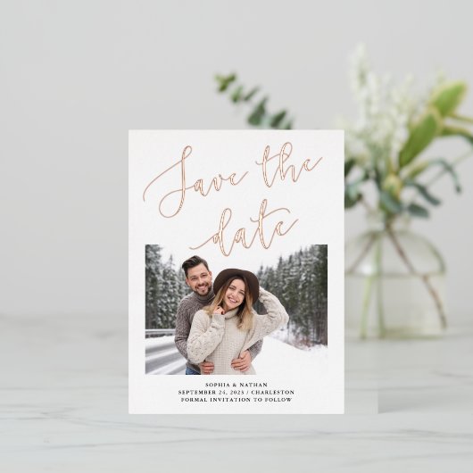 ロマエレガントンス |写真の保存日付バラ金ゴールド 箔招待状ポストカード (立ち正面)