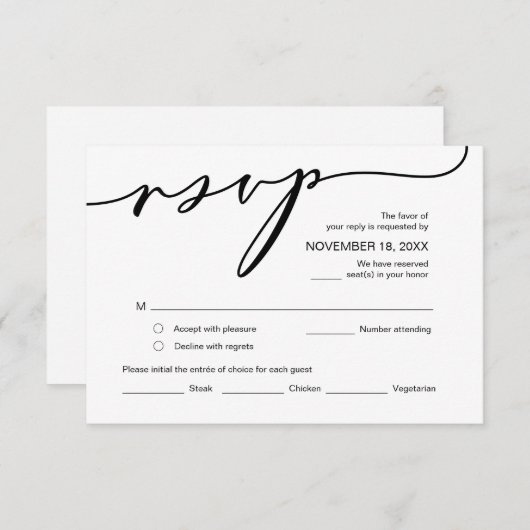 ロマモダンンス、黒書道、結婚式RSVP エンクロージャーカード (正面/裏面)