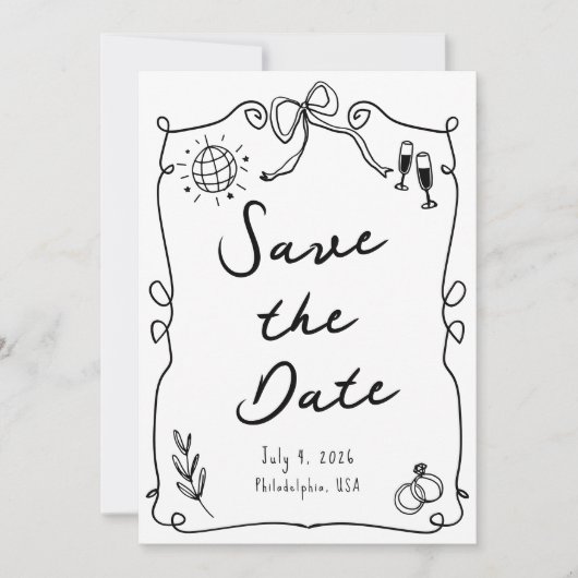 ロマンお洒落チックな手描き白黒結婚ズ セーブザデート (正面)