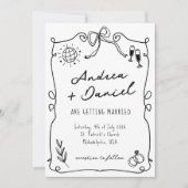 ロマンお洒落チックな手描き白黒結婚ズ 招待状 (正面)