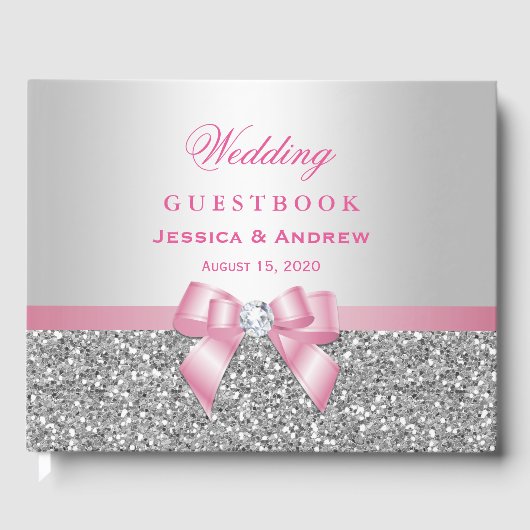 ロマンエレガントクピンクボウ&シルバーグリッターズ結婚 ゲストブック (正面)