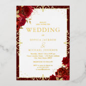 ロマンエレガントク王室の・レッド・ロ結婚ローズの金ゴールド 箔招待状 (正面)
