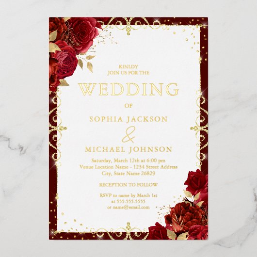 ロマンエレガントク王室の・レッド・ロ結婚ローズの金ゴールド 箔招待状 (正面)