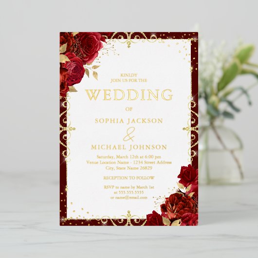 ロマンエレガントク王室の・レッド・ロ結婚ローズの金ゴールド 箔招待状 (立ち正面)