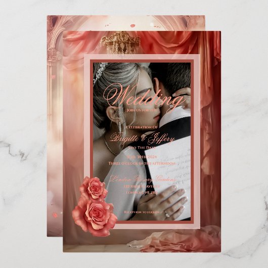 ロマンエレガントスモダンバラ金ゴールド箔 箔招待状 (正面/裏面)