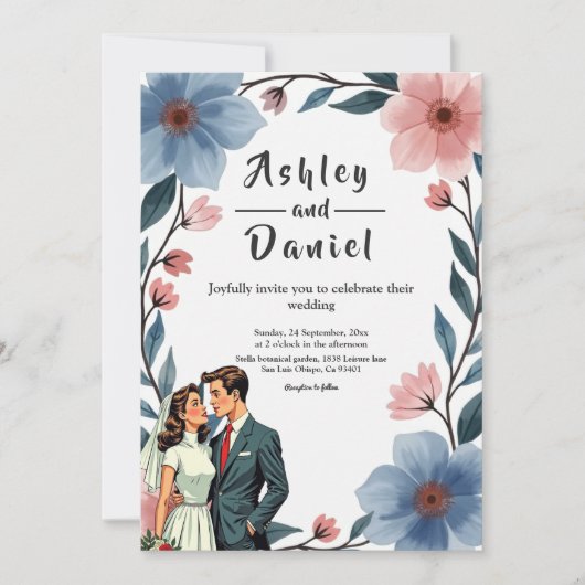 ロマンエレガントチカップル水彩フローラ結婚ズ 招待状 (正面)