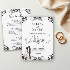 ロマンエレガントチックなカップルの白黒結婚の 招待状