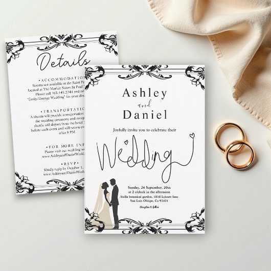 ロマンエレガントチックなカップルの白黒結婚の 招待状