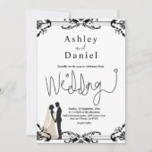 ロマンエレガントチックなカップルの白黒結婚の 招待状 (正面)