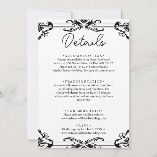 ロマンエレガントチックなカップルの白黒結婚の 招待状 (裏面)