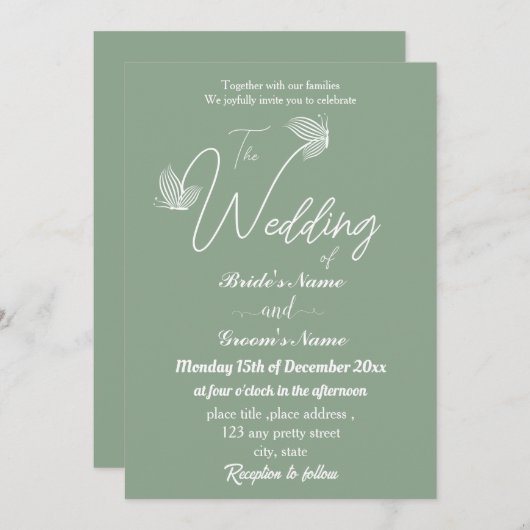 ロマンエレガントチックなセージの緑の結婚蝶 招待状 (正面/裏面)
