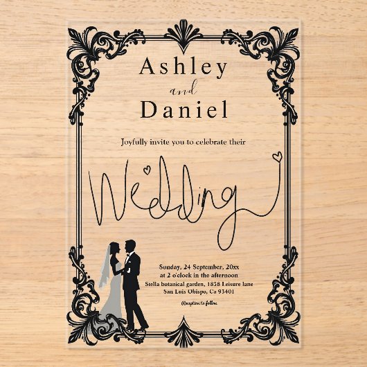 ロマンエレガントチックな白黒クラシックの結婚 アクリル招待状 (正面)