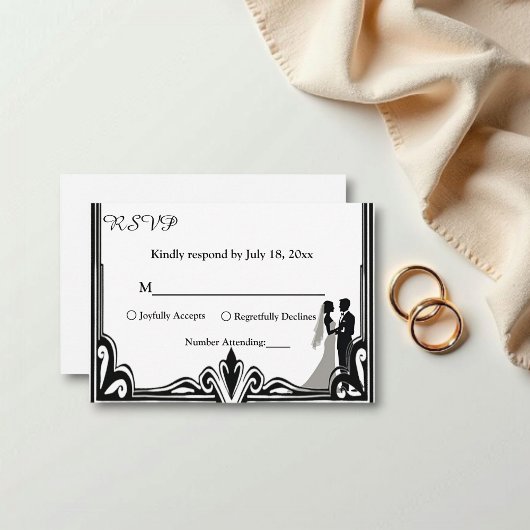 ロマンエレガントチックな白黒クラシックの結婚 出欠カード