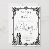 ロマンエレガントチックな白黒クラシックの結婚 招待状 (正面)
