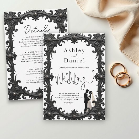 ロマンエレガントチックな白黒クラシックの結婚 招待状