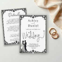 ロマンエレガントチックな白黒クラシックの結婚 招待状