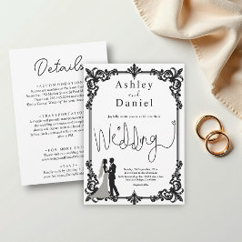 ロマンエレガントチックな白黒クラシックの結婚 招待状