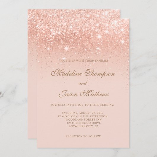 ロマンエレガントチックバラきらめく金ゴールド結婚ズ 招待状 (正面/裏面)