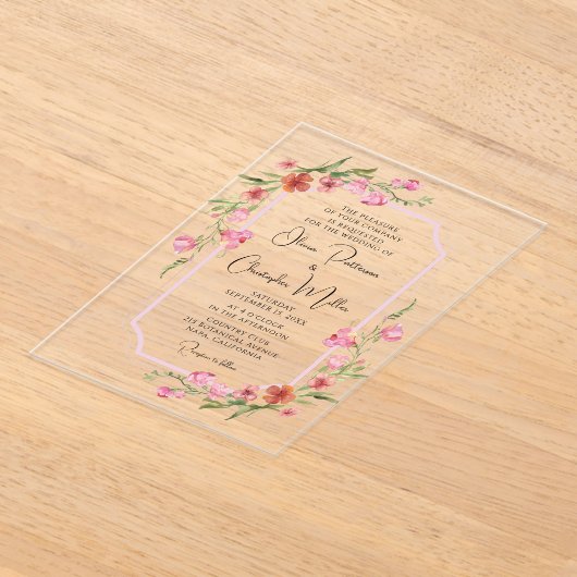 ロマンエレガントティウォーター色のフローラ結婚ズ アクリル招待状 (レイダウン)