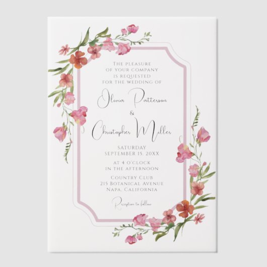 ロマンエレガントティウォーター色のフローラ結婚ズ ベラム紙招待状 (正面)