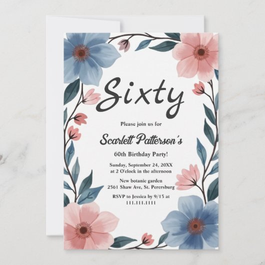 ロマンエレガントティウォーター色フローラ夏誕生日 招待状 (正面)