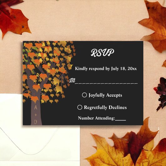 ロマンエレガントティカルト彫りツリーブラック秋の結婚式 出欠カード