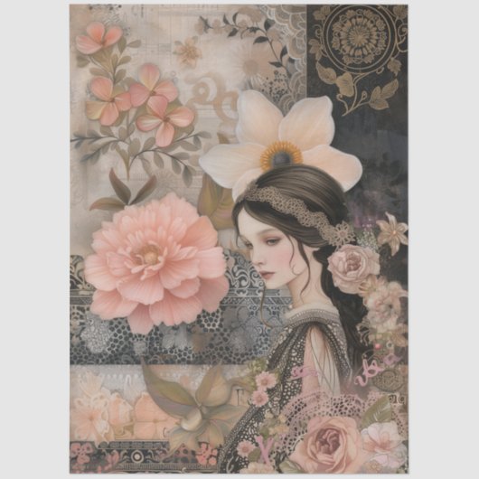 ロマンエレガントティガールフローラ抽象芸術アートコラージュ 薄葉紙 (正面)