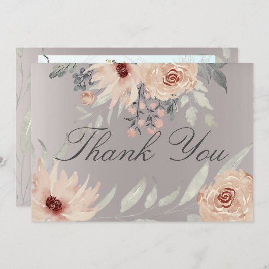 ロマンエレガントティシルバーコーラルフローラ結婚写真 サンキューカード (正面/裏面)