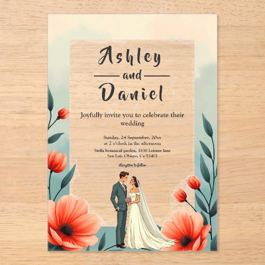 ロマンエレガントティックな新郎新婦のフローラ結婚ズ アクリル招待状 (正面)