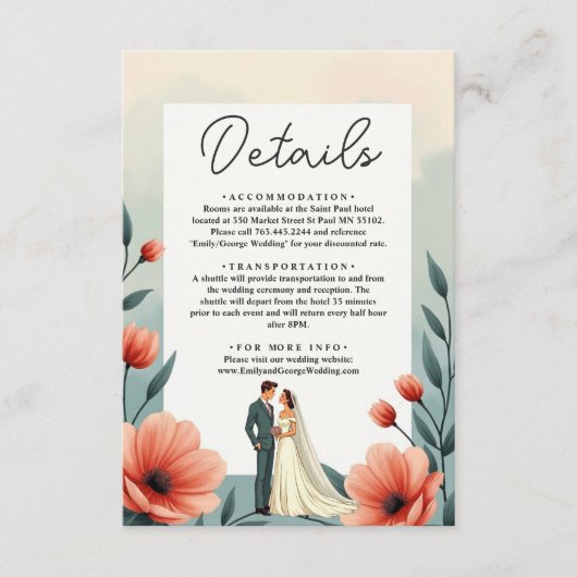 ロマンエレガントティックな新郎新婦のフローラ結婚ズ エンクロージャーカード (正面)