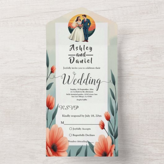 ロマンエレガントティックな新郎新婦のフローラ結婚ズ オールインワン招待状 (内側)