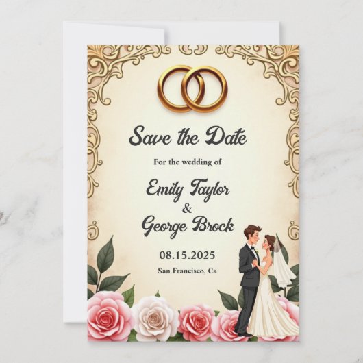 ロマンエレガントティックな新郎新婦のフローラ結婚ズ セーブザデート (正面)