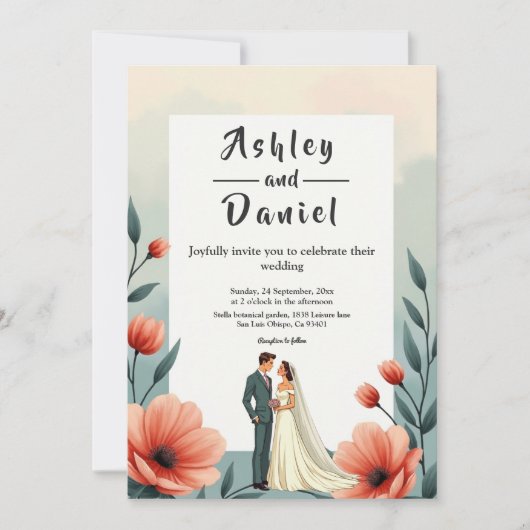 ロマンエレガントティックな新郎新婦のフローラ結婚ズ 招待状 (正面)